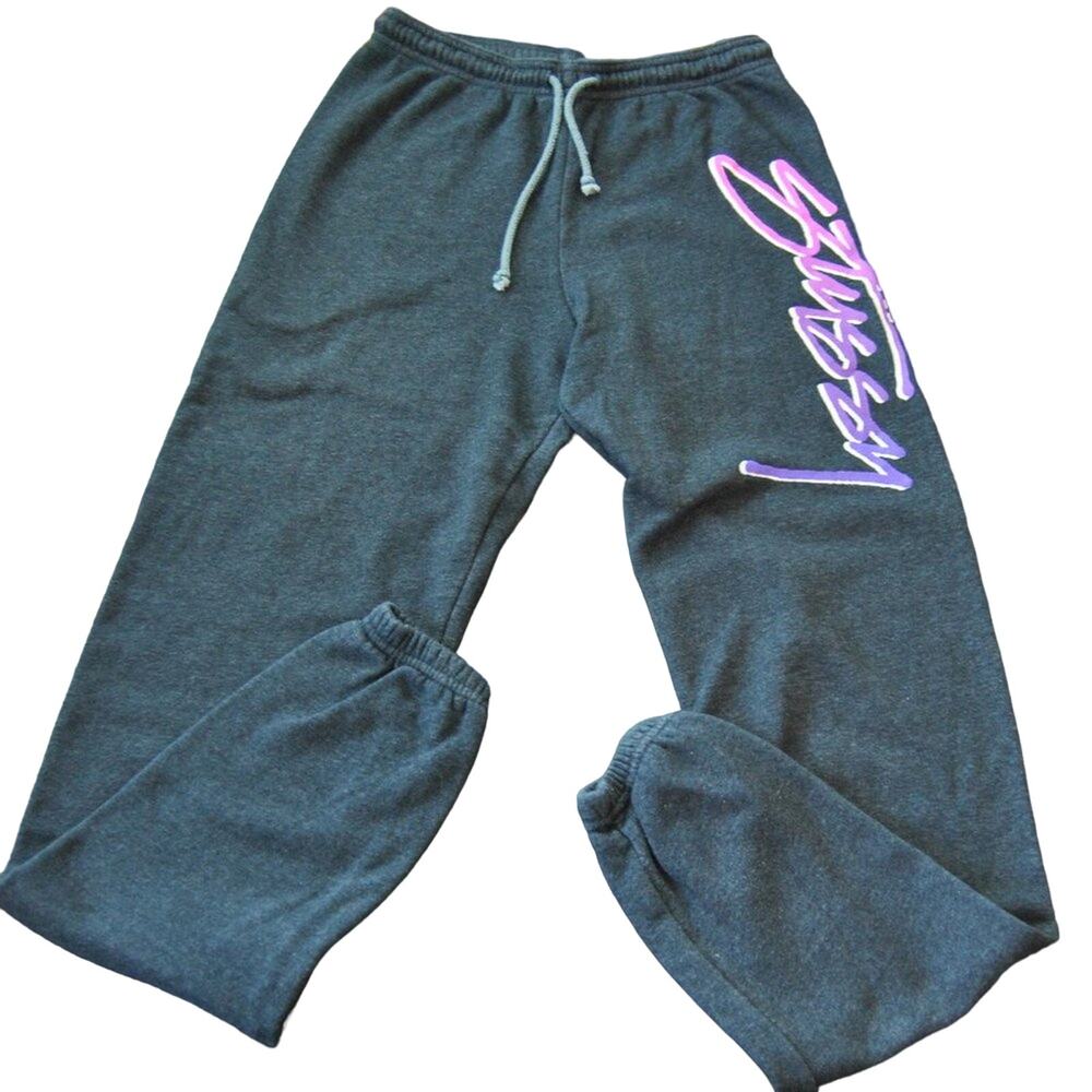 Stussy Gray & Purple Script Jogger Sweatpants w/ Drawstring X-Small